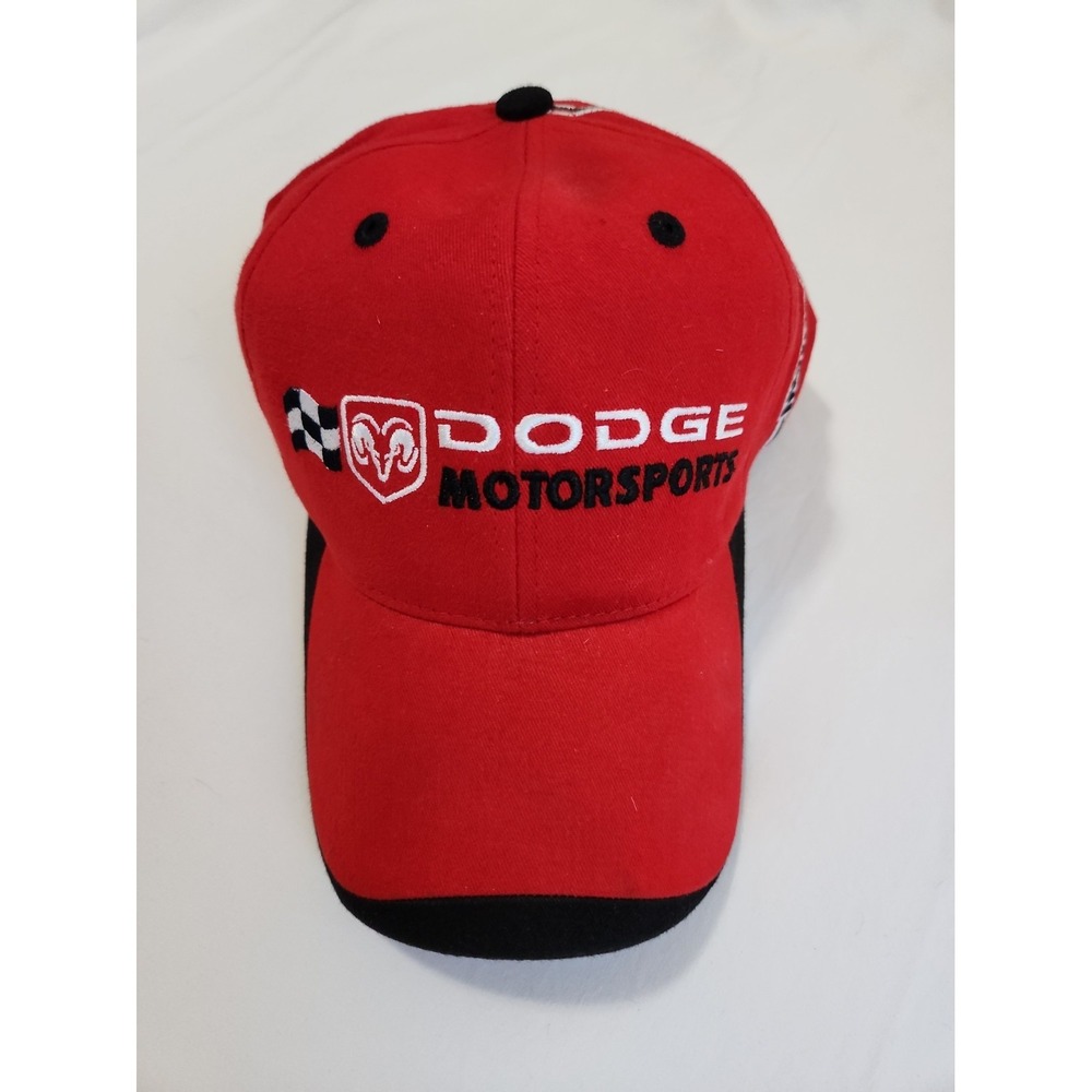 Vtg Checkered Flag Nascar Sports Dodge Motorsports Red Black Cap Hat Adjustable